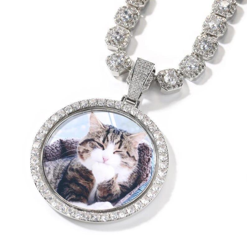 Large Rotating Custom Round Photo Pendant Necklace For Men Pet Medal Memory DIY Double Picture Hip Hop Jewelry - CaratixJewelry