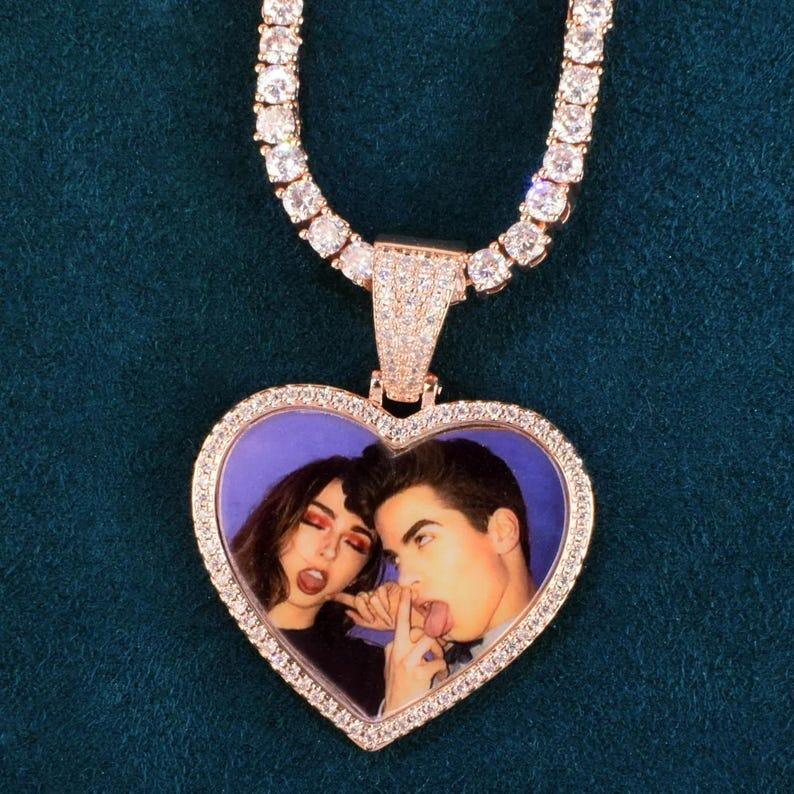 Custom Heart Love Shape Photo Necklace Chain Make Medallions Pendant Solid Back One Row Zircon for Men Women Hip Hop Jewelry - CaratixJewelry