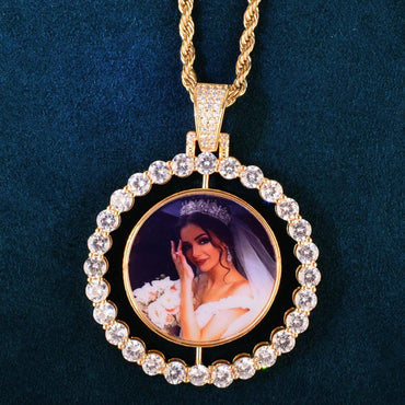 Personalized Rotating Double-Sided Photo Pendant Necklace, Custom Hip Hop Round Picture Chain, Iced Out Copper Zircon Memory Jewelry