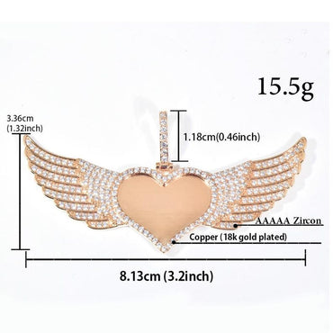 Personalized Heart Wings Photo Pendant Necklace, Custom Hip Hop Iced Out Picture Chain, Copper Zircon DIY Memory Jewelry for Men and Women