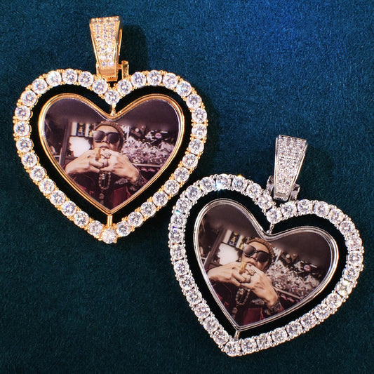 Personalized Rotating Heart Photo Pendant Necklace, Custom Hip Hop Iced Out Copper Zircon DIY Picture Jewelry for Men Women