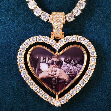 Personalized Rotating Heart Photo Pendant Necklace, Custom Hip Hop Iced Out Copper Zircon DIY Picture Jewelry for Men Women