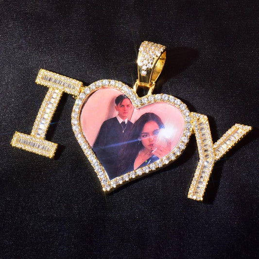Personalized I Love U Letter Photo Pendant Necklace, Custom Hip Hop Heart Frame Epoxy Picture Chain, DIY Gift for Men Women