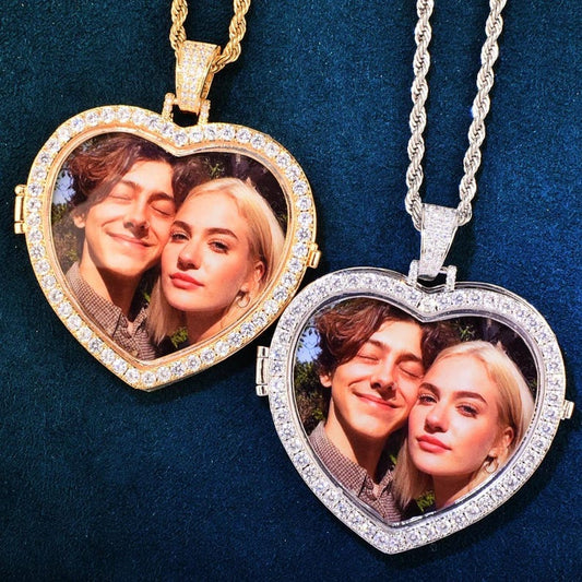 Personalized Heart Flip Photo Pendant Necklace – Custom Iced Out Copper Zircon Hip Hop Jewelry for Men & Women