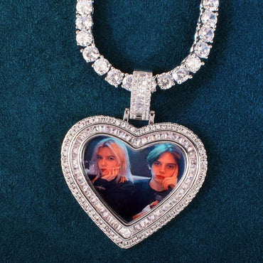 Personalized T-Bar Heart Photo Pendant Necklace, Custom Hip Hop Iced Out Copper Zircon Epoxy DIY Picture Jewelry for Couples Men Women