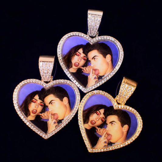 Personalized Heart Round Photo Pendant Necklace, Custom Hip Hop Iced Out Copper Zircon Epoxy DIY Picture Jewelry for Couples Men Women