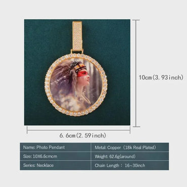 Big Round Shape Custom Photo Pendant Make Memory Picture Hip Hop Necklace Chain For Men Women Solid Back Bling Zircon Jewelry - CaratixJewelry