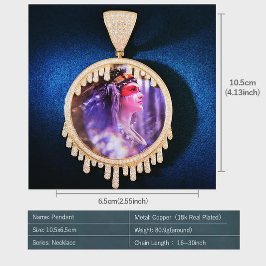 Custom Big Round Dripping Shape Photo Pendant Solid Back Make Memory Picture Hip Hop Necklace Chain Jewelry For Men Women