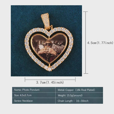 Custom Rotating Double-Sided Heart Love Shape Photo Pendant for Men Women Make Memory Picture Necklace Chain Hip Hop Jewelry