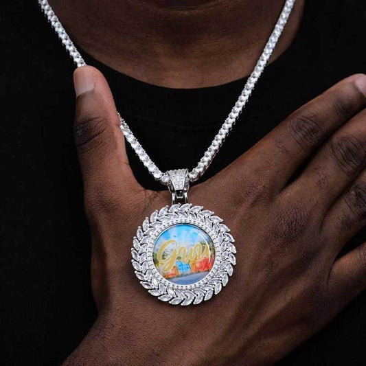 Personalized Wheat Circle Photo Pendant Necklace - Custom Hip Hop Iced Out Copper Zircon Picture Frame Jewelry for Men & Women - Memorial Gift - CaratixJewelry