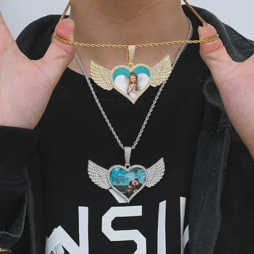 Customized Heart Photo Necklace Men and Women Hip Hop Personalized Wing heart Picture Pendant Iced Charm Free Custom Logo - CaratixJewelry