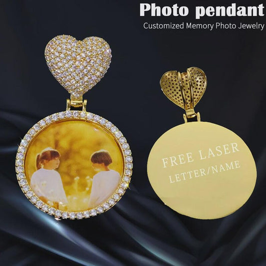 Custom Heart Bail Circle Chain Photo Pendant Necklace DIY Iced Out 35mm Photo Frame Pendant Hip Hop Necklace Jewelry