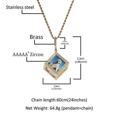 Men's 3D Cube Custom Memory Photo Pendant Necklace Iced Out 5A CZ 14k Gold Plated Personalized 6 Sides Pictures