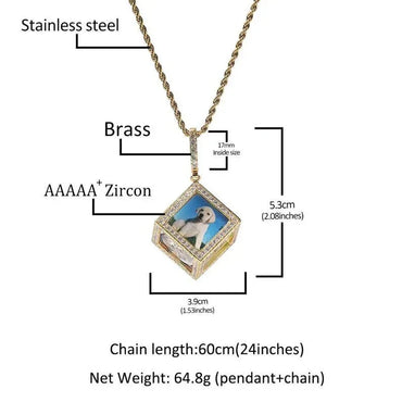Men's 3D Cube Custom Memory Photo Pendant Necklace Iced Out 5A CZ 14k Gold Plated Personalized 6 Sides Pictures - CaratixJewelry