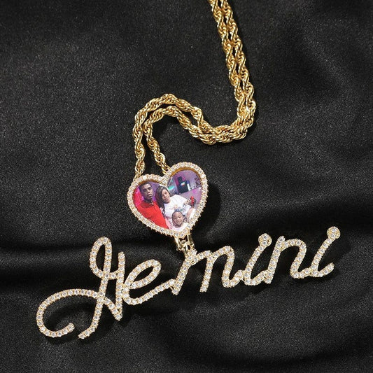 Cursive Letter Name Small Heart Pendant DIY Photo Necklace Full Iced Out Cubic Zirconia CZ Stone Hiphop Jewelry