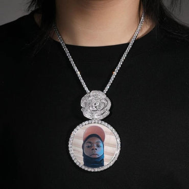 6.8CM Large Round Custom Photo Pendant Necklace For Women Men Micro Paved CZ Rose Bail DIY Picture Memory Jewelry