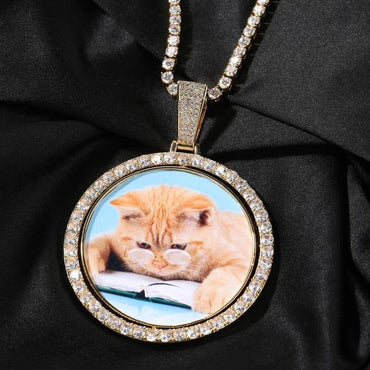 Large Rotating Custom Round Photo Pendant Necklace For Men Pet Medal Memory DIY Double Picture Hip Hop Jewelry - CaratixJewelry