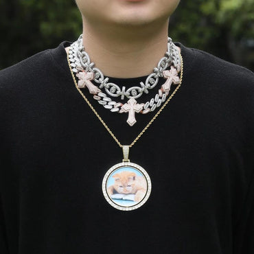 Large Rotating Custom Round Photo Pendant Necklace For Men Pet Medal Memory DIY Double Picture Hip Hop Jewelry