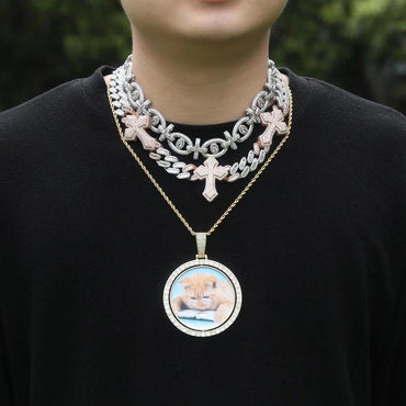 Large Rotating Custom Round Photo Pendant Necklace For Men Pet Medal Memory DIY Double Picture Hip Hop Jewelry - CaratixJewelry