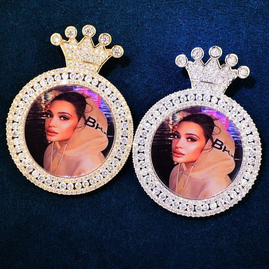 Personalized Crown Round Photo Frame Pendant Necklace, Custom Hip Hop Iced Out Copper Zircon Picture Chain, DIY Fashion Jewelry - CaratixJewelry