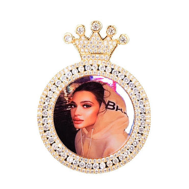 Personalized Crown Round Photo Frame Pendant Necklace, Custom Hip Hop Iced Out Copper Zircon Picture Chain, DIY Fashion Jewelry