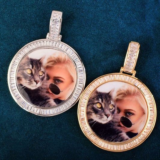 Personalized Round Photo Pendant Necklace, Custom Hip Hop Iced Out Sugar Cube Style Copper Zircon Picture Chain, DIY Fashion Jewelry for Men