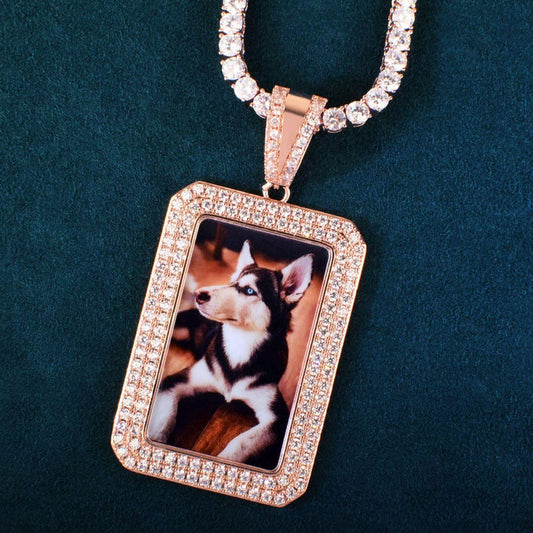 Personalized Dog Tag Photo Frame Pendant Necklace, Custom Hip Hop Iced Out Copper Zircon DIY Picture Jewelry for Men and Women