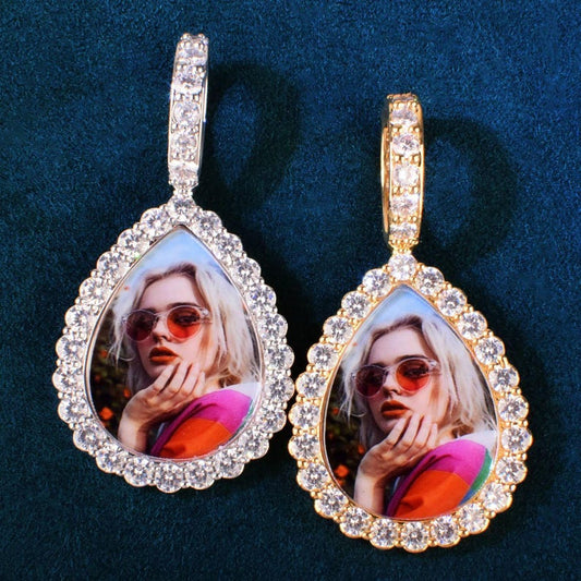 Personalized Water Drop Photo Pendant Necklace, Custom Hip Hop Iced Out Copper Zircon Epoxy DIY Picture Jewelry for Men and Women