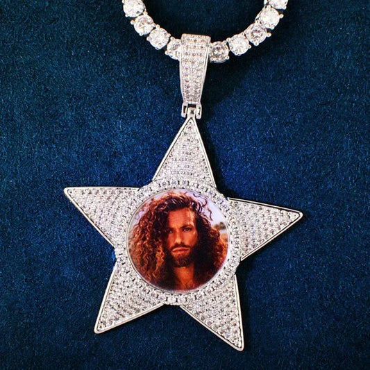 Personalized Star Round Photo Pendant Necklace, Custom Hip Hop Iced Out Copper Zircon Epoxy DIY Picture Jewelry for Men and Women - CaratixJewelry