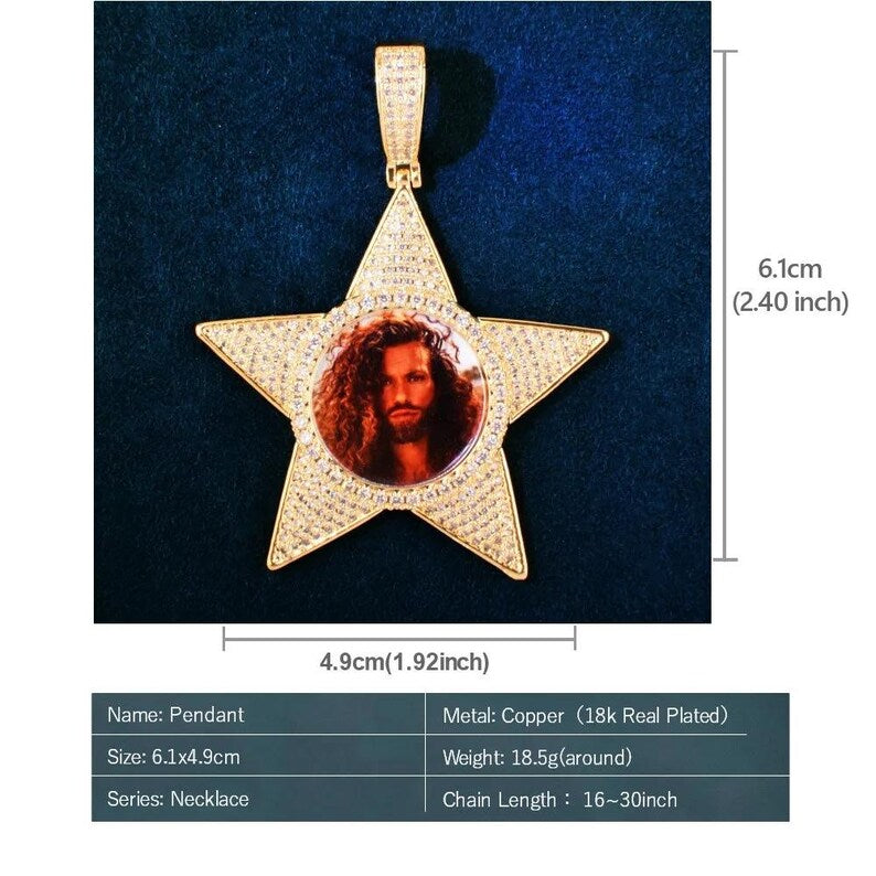 Personalized Star Round Photo Pendant Necklace, Custom Hip Hop Iced Out Copper Zircon Epoxy DIY Picture Jewelry for Men and Women