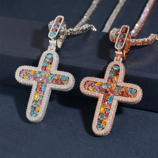 New S925 Silver Colorful Moissanite Cross Pendant – High-Quality Jewelry, Trendy and Elegant Design - CaratixJewelry