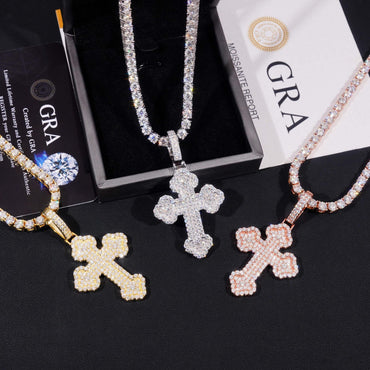 New S925 Silver Moissanite Cross & Flower Pendant – European & American Hip-Hop Trendy Personalized Jewelry - CaratixJewelry