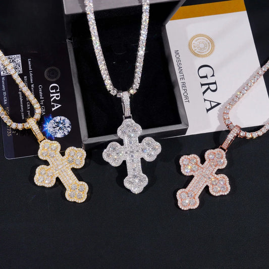 New S925 Silver Moissanite Cross & Four-Leaf Clover Pendant – Hip-Hop Trendy Personalized Jewelry - CaratixJewelry