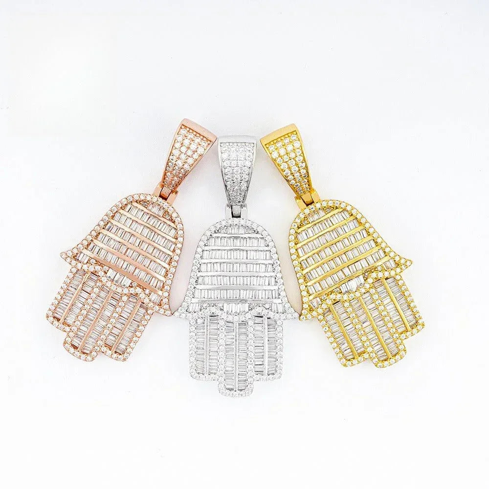 New S925 Silver Rectangular Hand Pendant – Unisex Hip-Hop Moissanite Necklace - CaratixJewelry