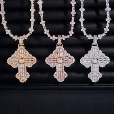 New S925 Silver Rectangular Moissanite Flower Cross Pendant – Hip-Hop Style Jewelry - CaratixJewelry