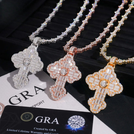 New S925 Silver Rectangular Moissanite Flower Cross Pendant – Hip-Hop Style Jewelry - CaratixJewelry