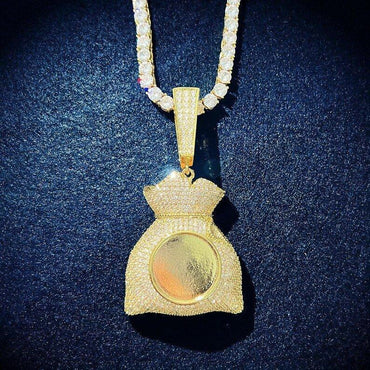 Personalized Money Bag Photo Pendant Necklace, Custom Hip Hop Iced Out Copper Zircon Epoxy Picture Chain, DIY Jewelry for Men Women - CaratixJewelry