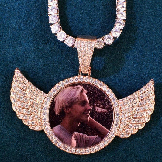 Personalized Small Wings Photo Pendant Necklace – Custom Iced Out Copper Zircon Hip Hop Jewelry for Men, Women & Couples - CaratixJewelry