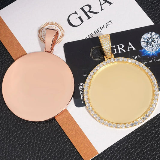 S925 Silver Moissanite 68.5mm Round Photo Frame Pendant – Hip-Hop Pendant, Unisex Design - CaratixJewelry