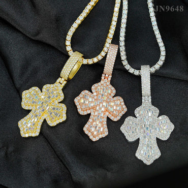S925 Silver Moissanite Step-Cut Cross Pendant – Mini Hip-Hop Style Necklace - CaratixJewelry