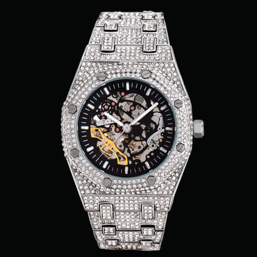 Self-Wind Mechanical Skeleton Iced Out Watch – Luxury Hip Hop Timepiece - CaratixJewelry
