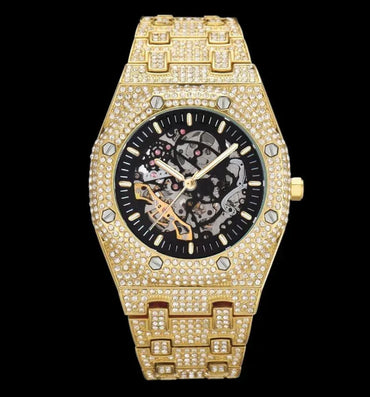 Self-Wind Mechanical Skeleton Iced Out Watch – Luxury Hip Hop Timepiece - CaratixJewelry