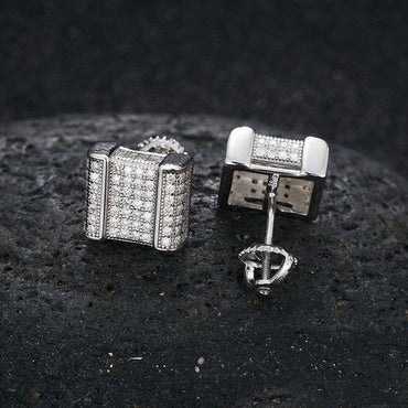 Square Cut Genuine Sterling Silver Flooded Ice Hip Hop Earrings - CaratixJewelry