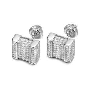 Square Cut Genuine Sterling Silver Flooded Ice Hip Hop Earrings - CaratixJewelry