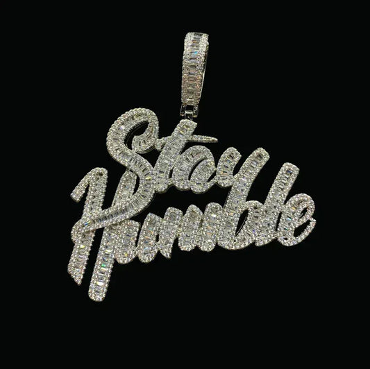 CARATIX Stay Humble iced out letter pendant necklace shown for comparing listed chain options