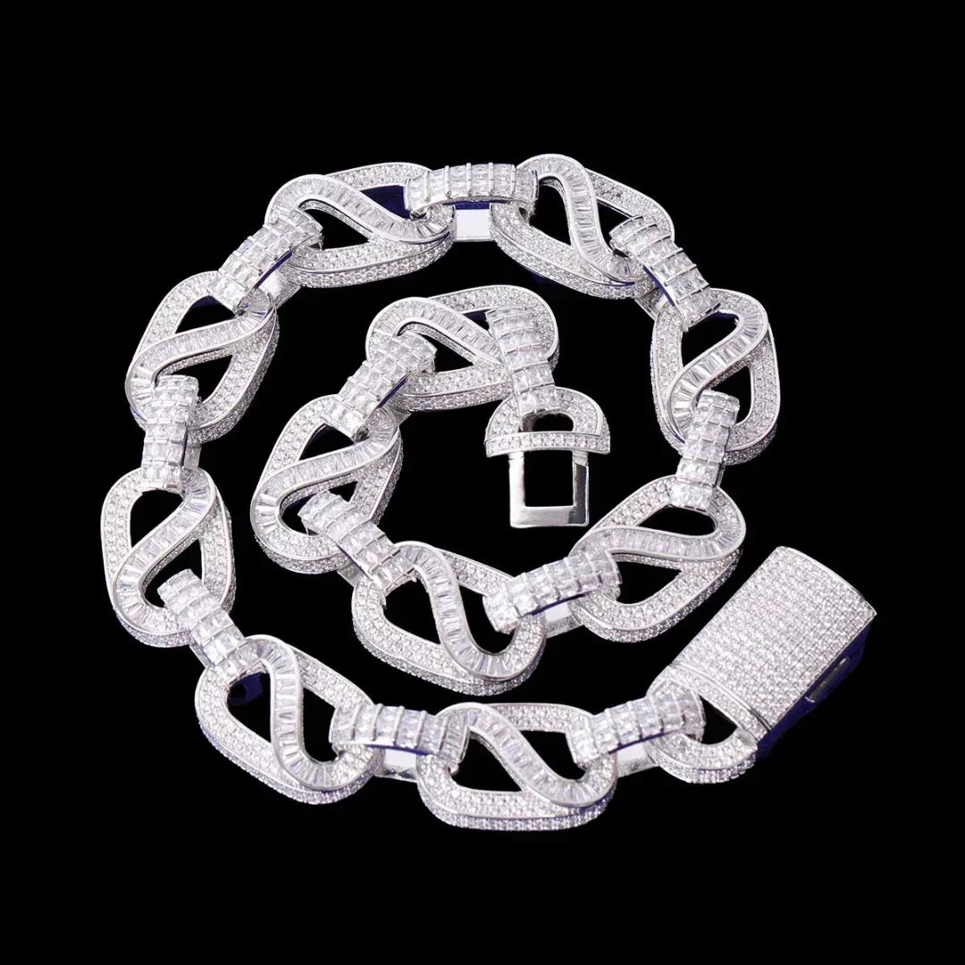 CARATIX baguette infinity link Cuban iced chain shown for comparing link pattern and stated options