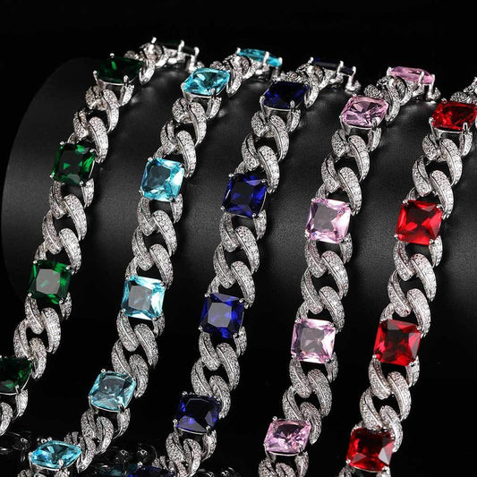 Caratix 12mm Colorful Stone Cuban Chain Necklace with Micro Pave Zircon - CaratixJewelry