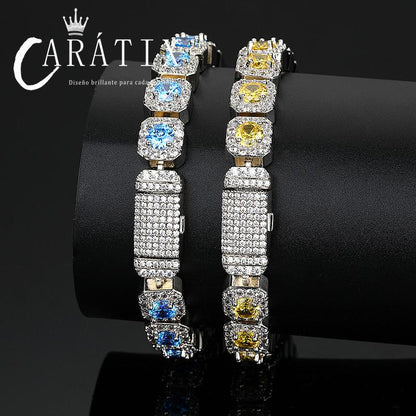 CARÁTIX - Hip Hop 5A+ CZ Stone Bing Iced Out 10mm Tennis Link Chain Chokers Necklaces for Men Women Rapper Jewelry Blue Yellow Stone Valentine's Day Gift for Men & Girls & Boys Mothers' Day Gift #Springtok