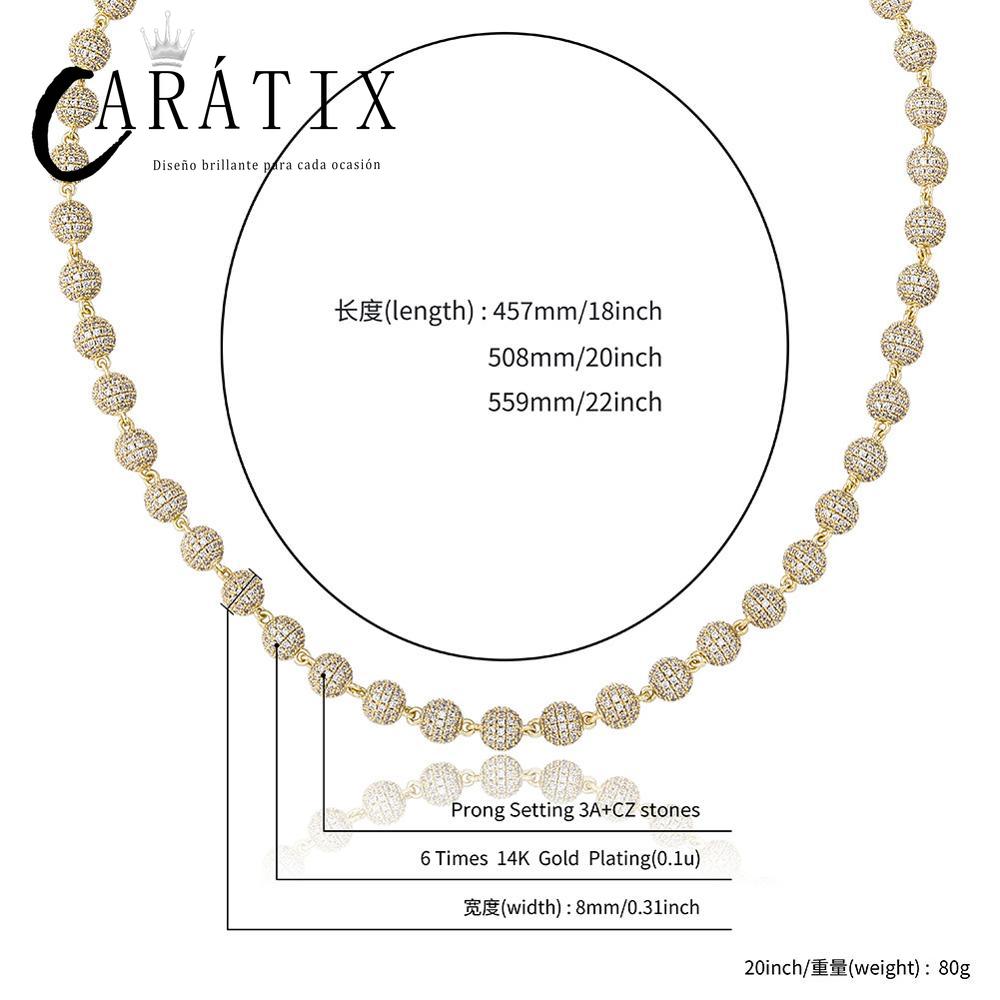 CARÁTIX 8mm Iced Out Beads Link Chain Necklace – CZ Hip Hop Bling Choker Jewelry for Men & Women | Rapper Gift