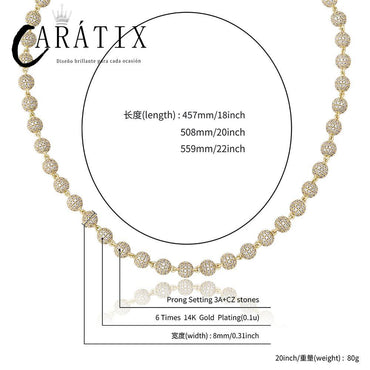 CARÁTIX 8mm Iced Out Beads Link Chain Necklace – CZ Hip Hop Bling Choker Jewelry for Men & Women | Rapper Gift